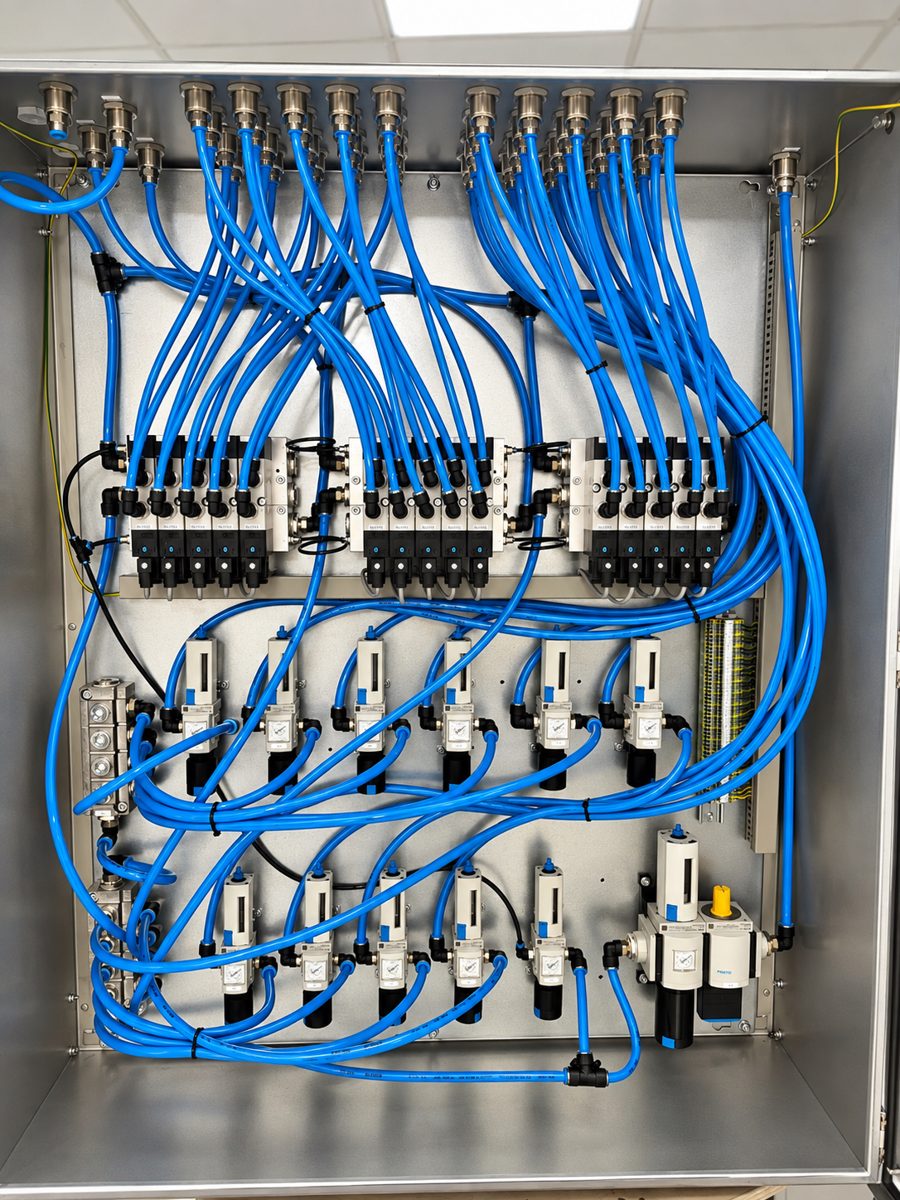 Edelstahl-Schaltschrank mit mehreren Festo-Ventilinseln, Drosseln und blauer Verschlauchung aus der Rihatec-Werkstatt