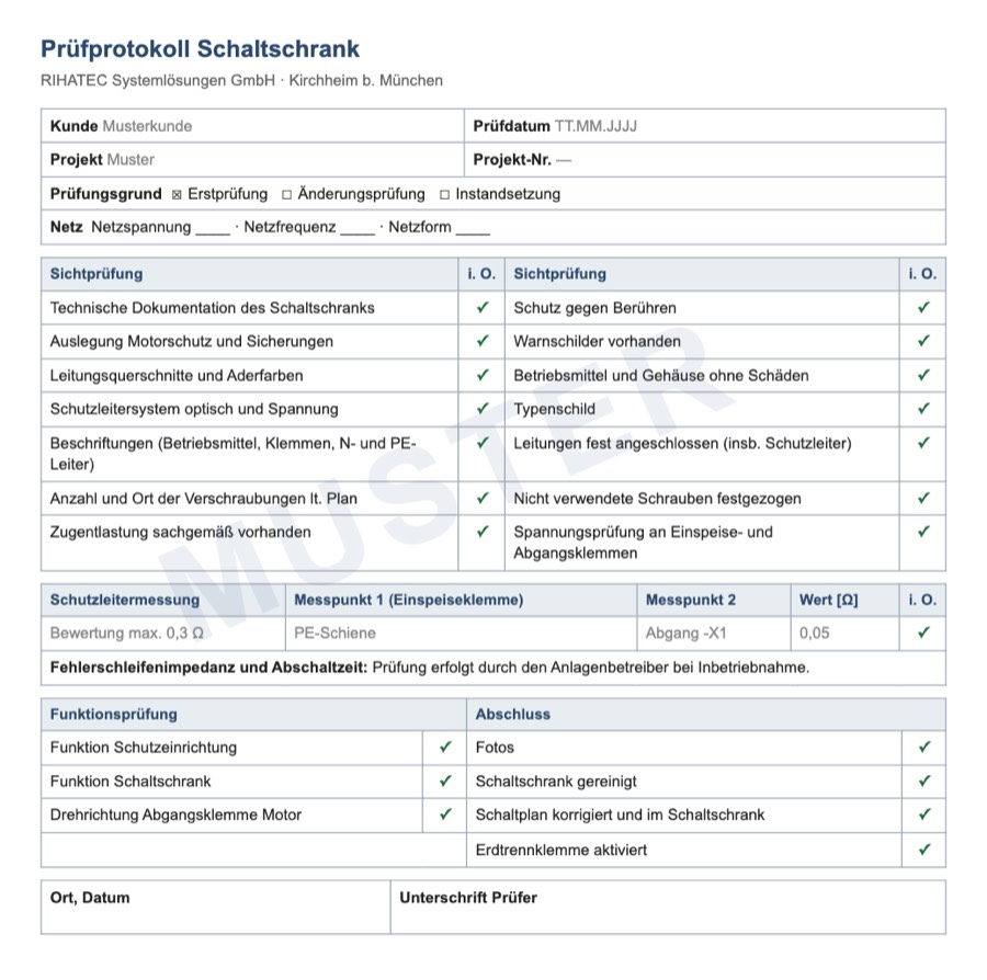 Muster des Rihatec-Prüfprotokolls mit Sichtprüfung, Schutzleitermessung, Funktionsprüfung und Abschlusskontrolle